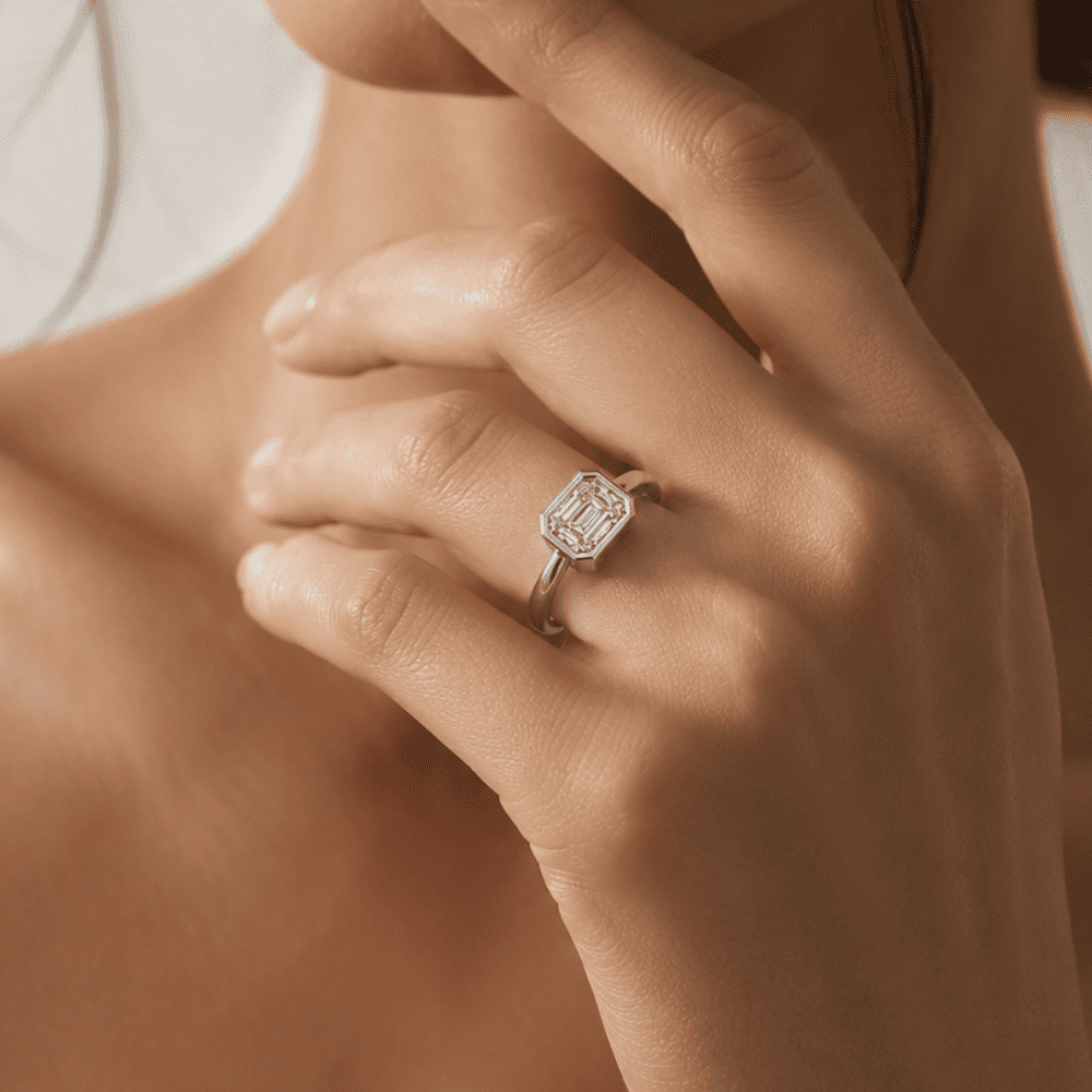 Modern Emerald-Cut Bezel Ring Featuring a  0.5CT Lab Grown Moissanite Diamond